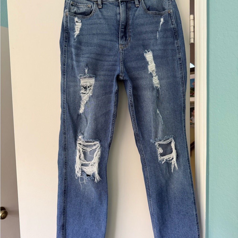 Hollister Women's Distressed Straight Leg Jeans - Blue